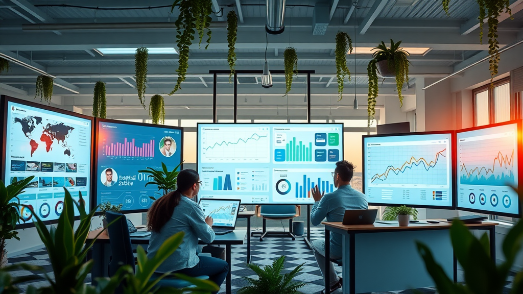 Digital workspace with screens showing social media brand management dashboards and engagement metrics