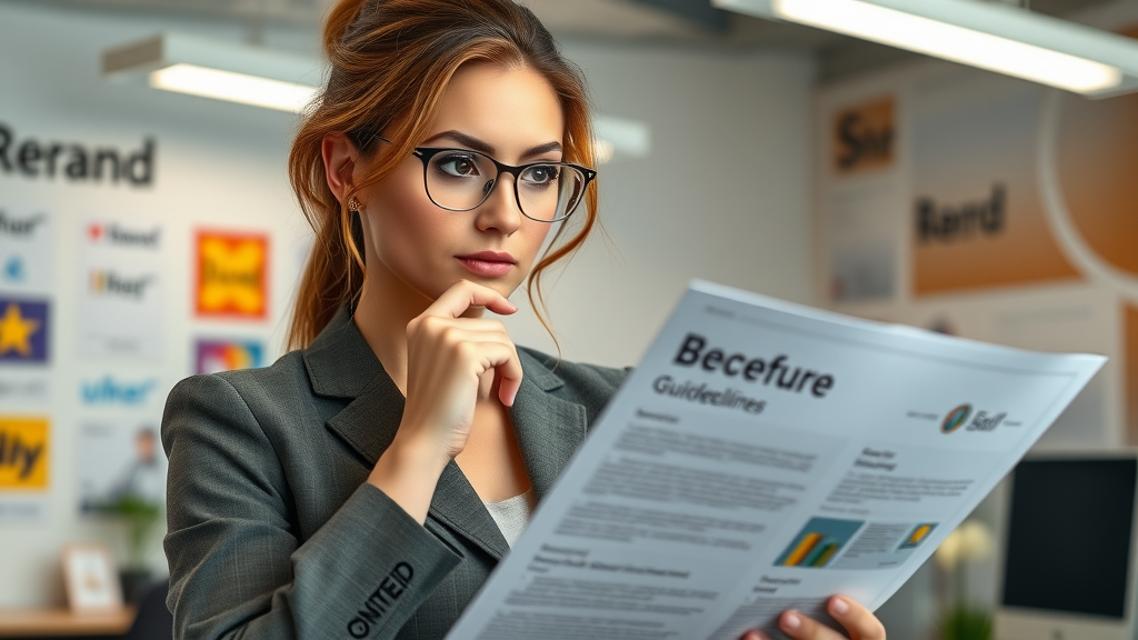 Brand manager reviewing brand guideline materials in a modern office