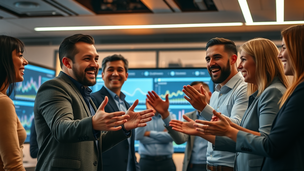Marketers celebrating positive marketing and SEO campaign results, analyzing analytics dashboard in a modern environment.