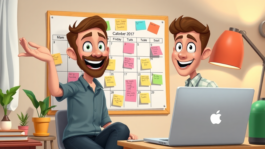 motivated marketer arranging video post schedule on digital calendar, social media video marketing consistency and timing