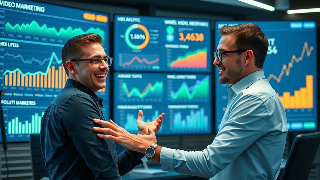 analysts reviewing video marketing strategy KPIs on digital dashboard