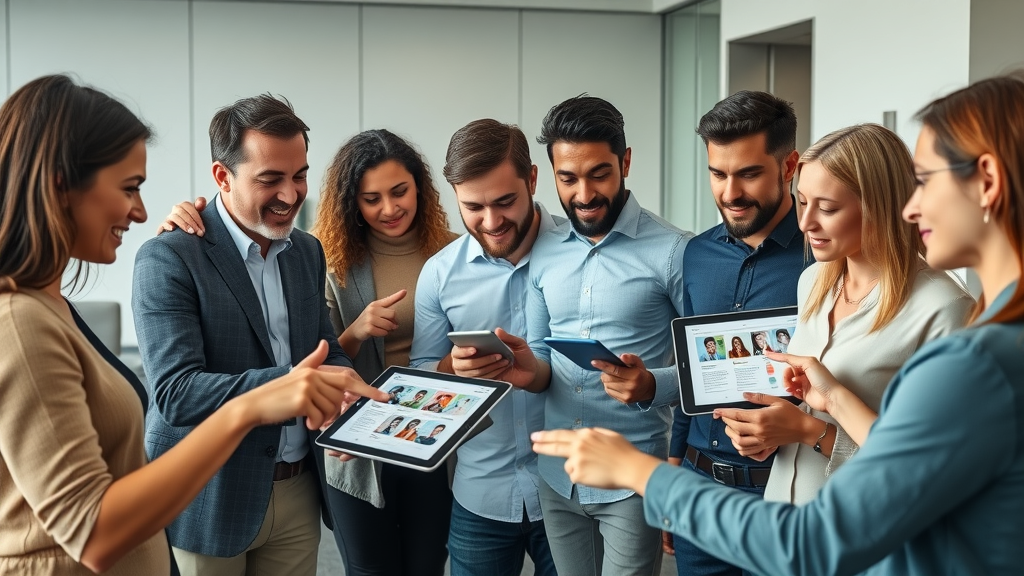 Diverse marketing team conducting targeted audience analysis with digital tablets and infographics in a modern conference room.