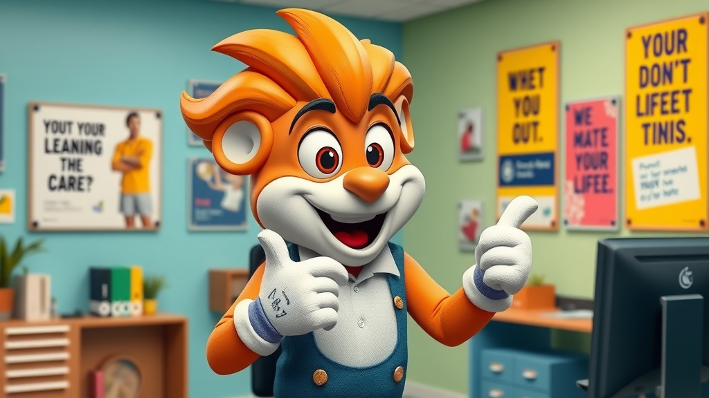 charismatic mascot showcasing brand personality and interaction with branded props in vibrant office setting
