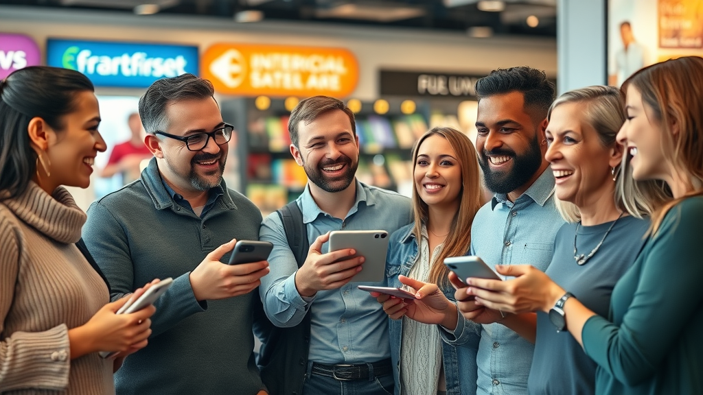 brand loyalty: compelling group of diverse customers expressing brand satisfaction and engagement with a branded product in a vibrant retail store.