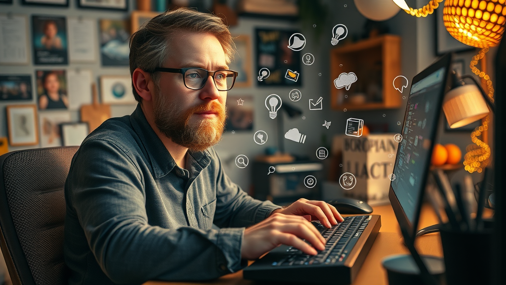 Content marketer creating valuable content in a creative workspace