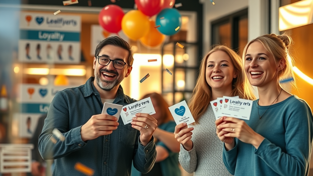 Happy small business customers receiving loyalty rewards and personalized offers for customer loyalty