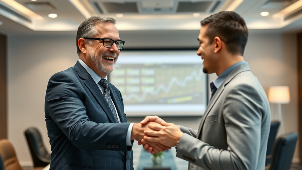 business leader shaking hands with fractional chief marketing officer after successful presentation