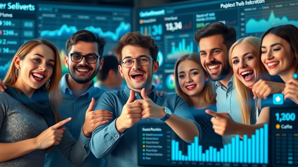 dynamic social media campaign, marketing team celebrating corporate branding success, monitoring real-time analytics, futuristic digital hub, bright cool blue lighting