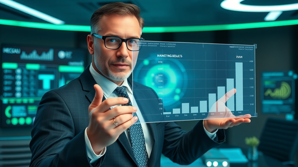 Confident business leader presenting measurable marketing results, transparent digital graph, boardroom, fractional cmo