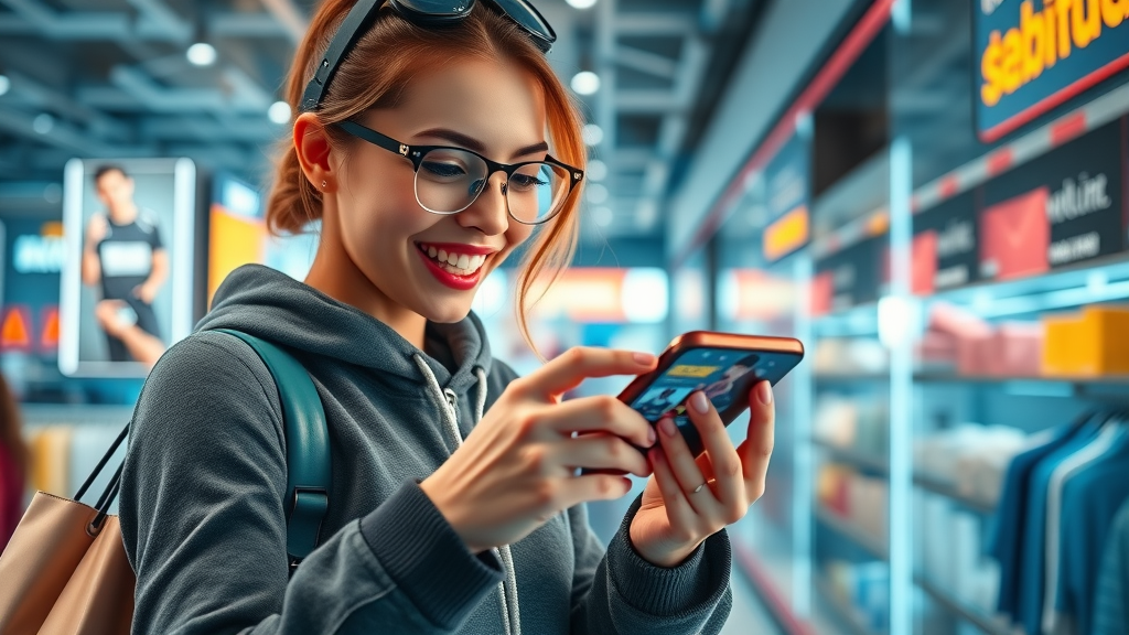 enthusiastic shopper interacts with shoppable social media ad on smartphone