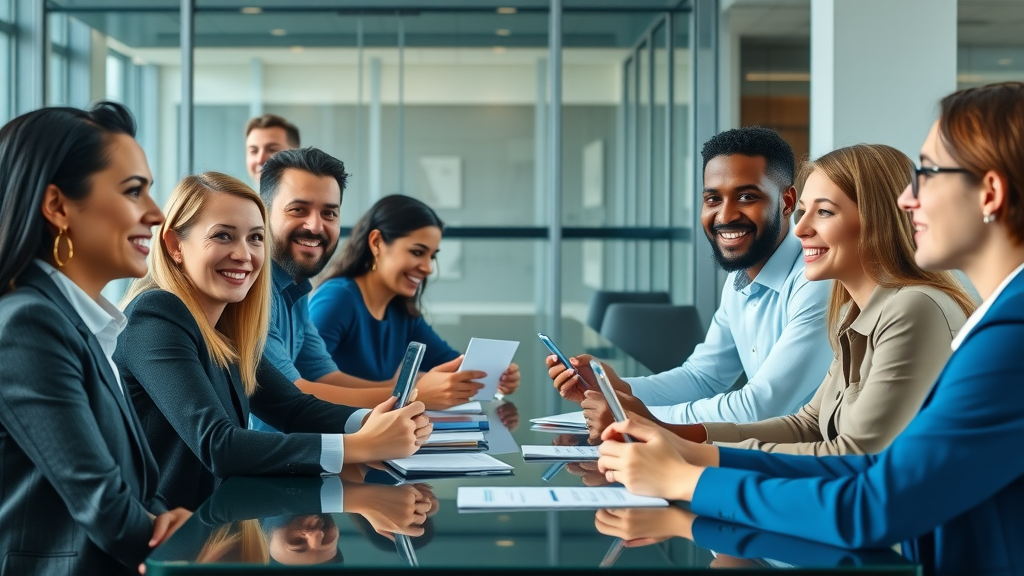 Diverse business professionals discussing the benefits of fractional CMO for startups and enterprises, stylish modern office, marketing leadership conversation