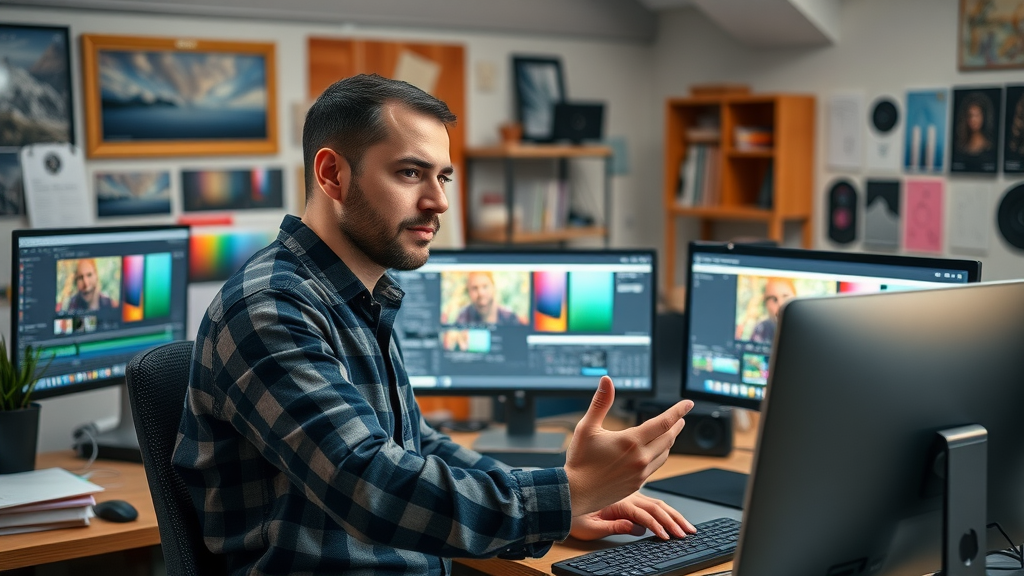 organized video creator surrounded by editing software and productivity apps for quality video production and workflow efficiency