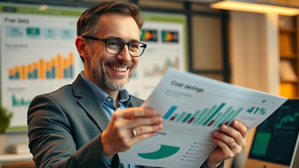Positive business owner analyzing cost savings from benefits of fractional CMO, financial charts, modern workspace, animated money-saving graphs