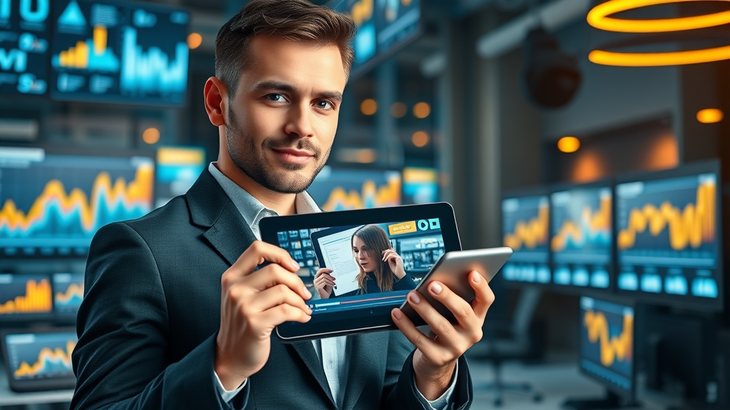professional video marketer, prime video optimization, digital thumbnail, analytics dashboard, futuristic office scene