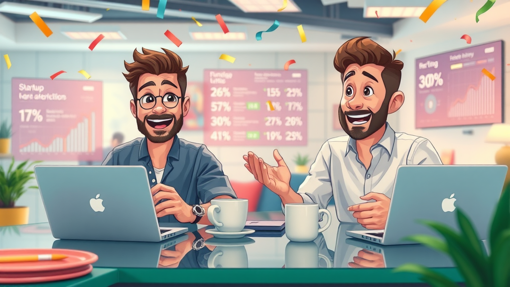 Optimistic startup founders in a co-working space collaborating with a fractional CMO on launch strategies and digital transformation metrics