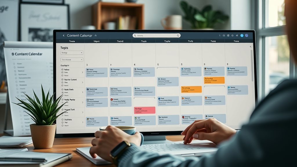 organized digital content calendar with color-coded topics and timelines, scalable content creation process