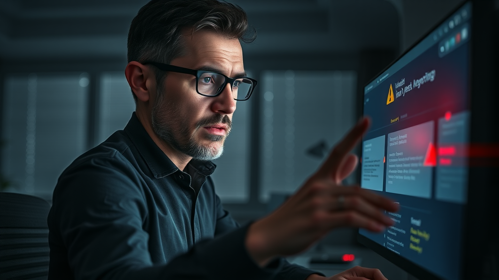 Digital marketer reviewing common off-page SEO mistakes with warning icons