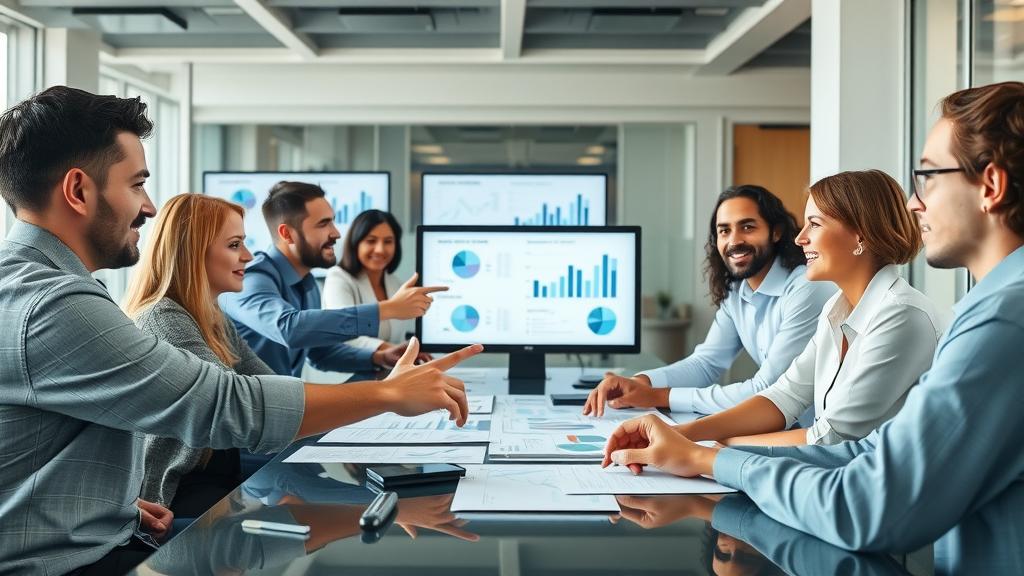 collaborative corporate team strategizing, corporate branding efforts, cross-department brainstorming in modern office, positive communication, tech screens, movement of hands pointing at charts