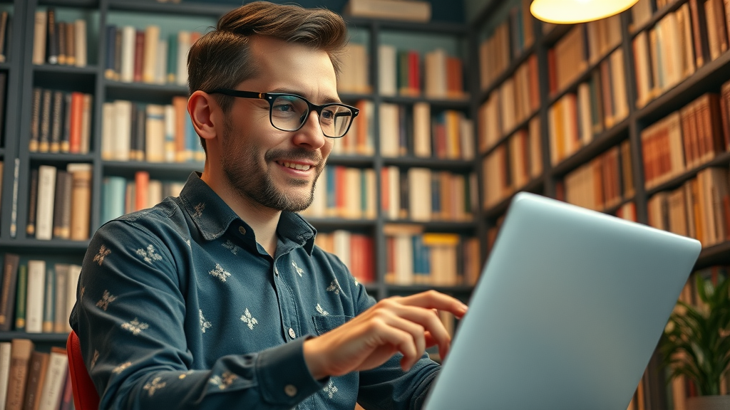 Digital marketer browsing a curated library of off-page SEO guides and tools