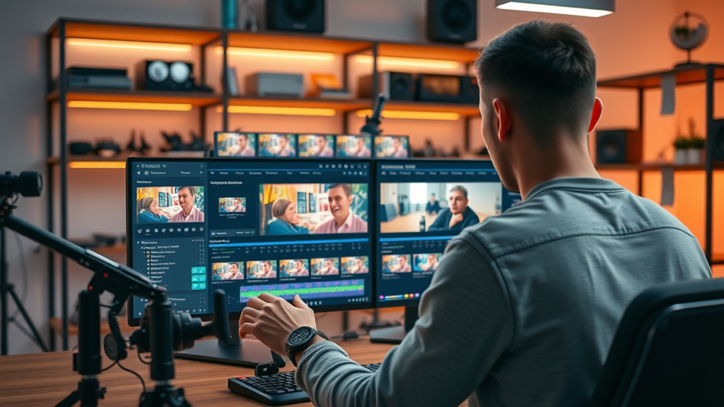 creative video editor working on marketing video timeline in dual-screen setup with video editing tools