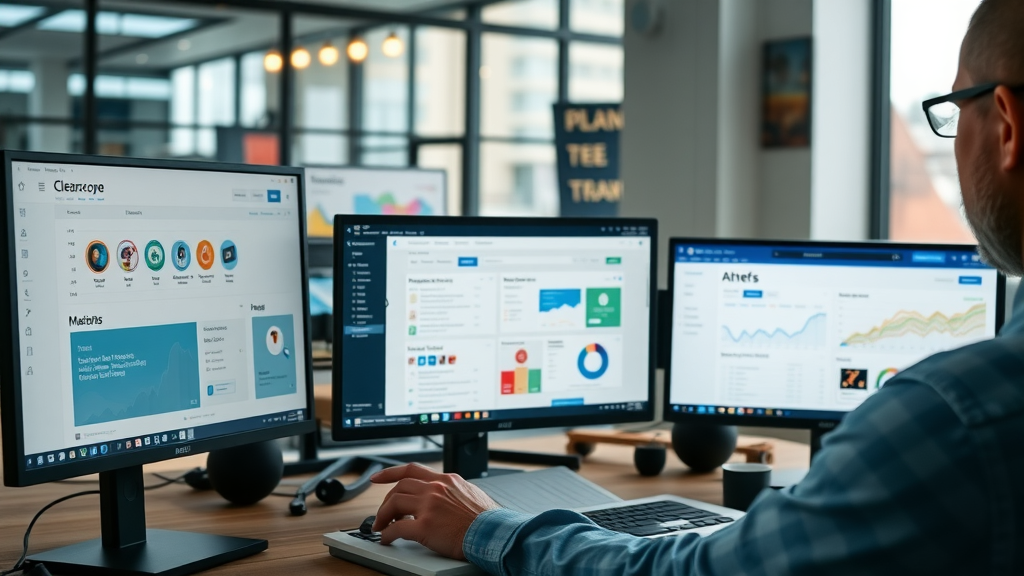 creative desktop covered with SEO writing and analysis tools for SEO content writing