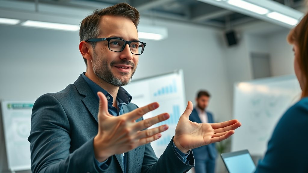 Charismatic marketing leader guiding a modern marketing team on fractional CMO services and strategic outcomes