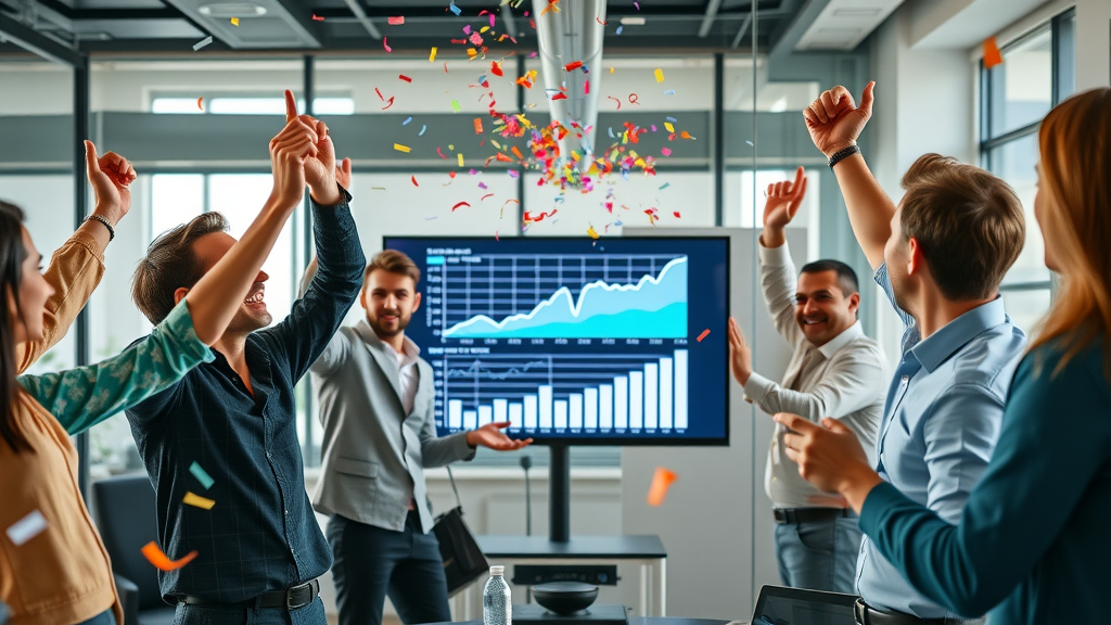 video seo optimization case study, digital marketing team celebrating video analytics success