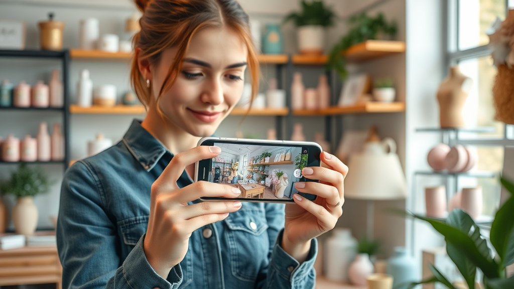 small business owner using social media marketing to create product content