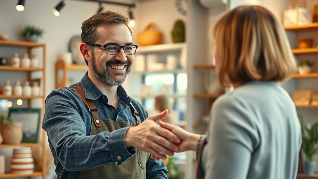 brand loyalty: empathetic business owner warmly greeting a regular customer in a welcoming boutique, emphasizing relationship-based loyalty.