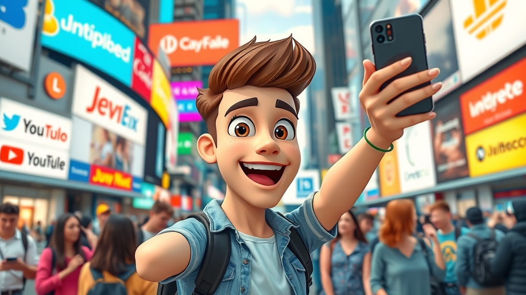 social media influencer boosting brand awareness campaign, animated crowd, brand logos, brand awareness