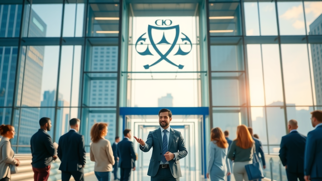 inspirational corporate headquarter, iconic brand logo, branding ambassador greeting visitors, blue and white color, welcoming corporate branding examples, photorealistic urban cityscape