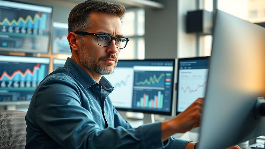 dynamic digital workspace focused professional analyzing SEO content writing data