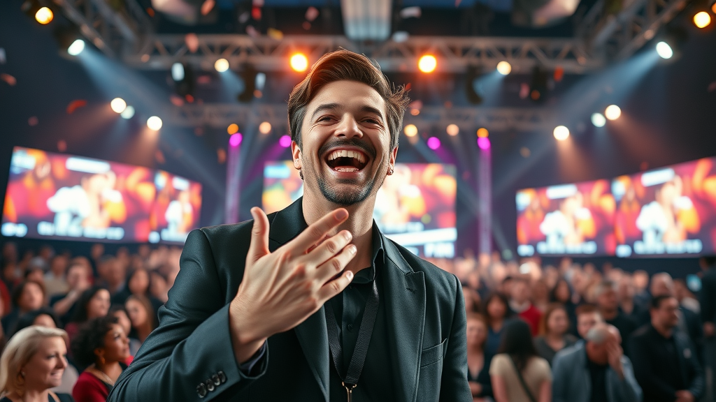 charismatic mega influencer hosting a live stream event, vibrant stage and audience, cinematic style