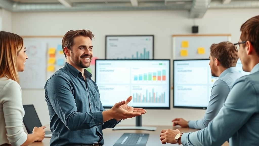 marketing manager reviewing video marketing campaign KPIs and metrics on a digital dashboard with a team, optimizing video strategy in a collaborative meeting