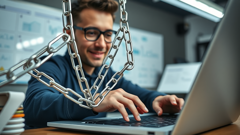 Close-up of high-quality backlinks interconnected, SEO expert analyzing link profile on laptop