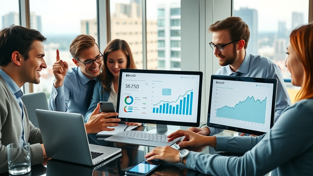 dynamic digital marketing team analyzing SEO metrics for link building strategies in a modern office