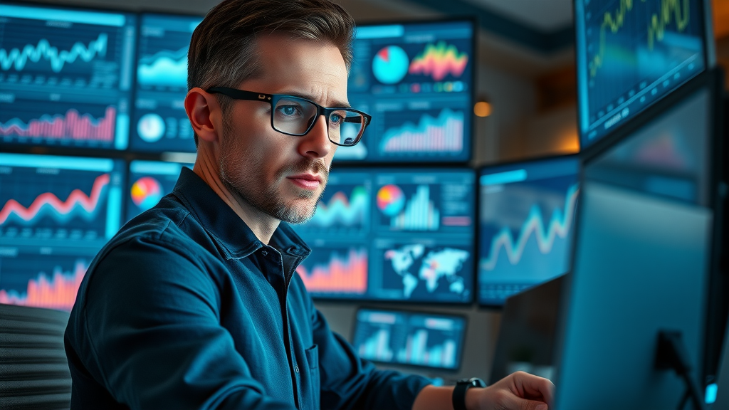 marketer analyzing brand awareness metrics on digital dashboards, measuring brand awareness