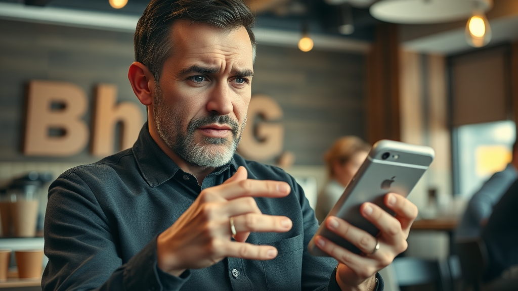 brand loyalty: frustrated customer confused by an overly complex rewards app in a coffee shop, highlighting the importance of simple loyalty programs.