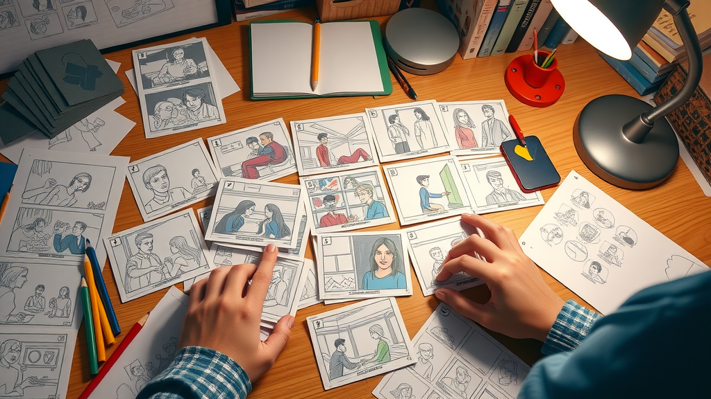 brand story video storyboard hands arranging illustrated scene cards for video storytelling