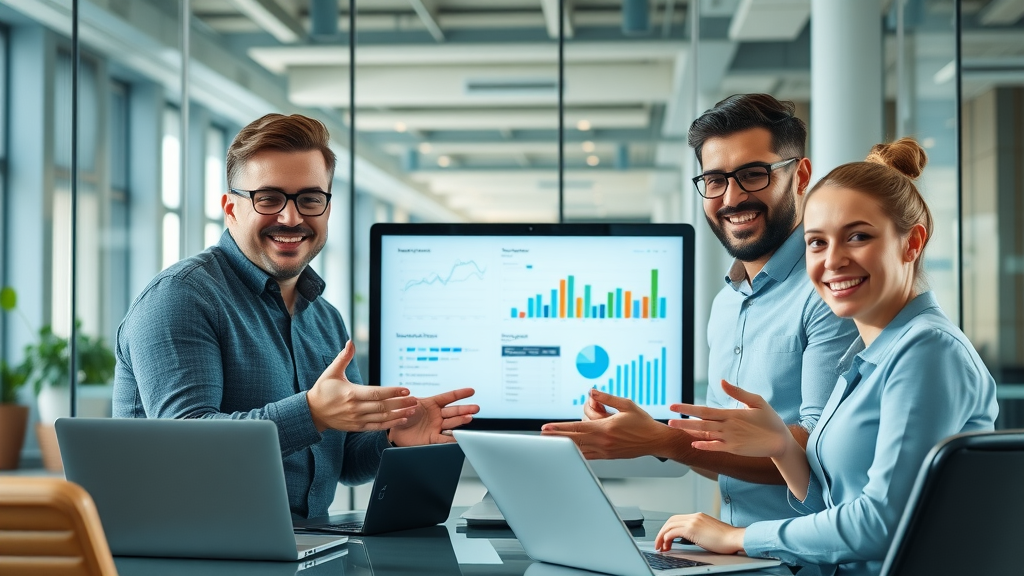 A modern startup team confidently discussing marketing strategy around a digital dashboard. Fractional CMO for startups brings elite CMO services to dynamic teams.