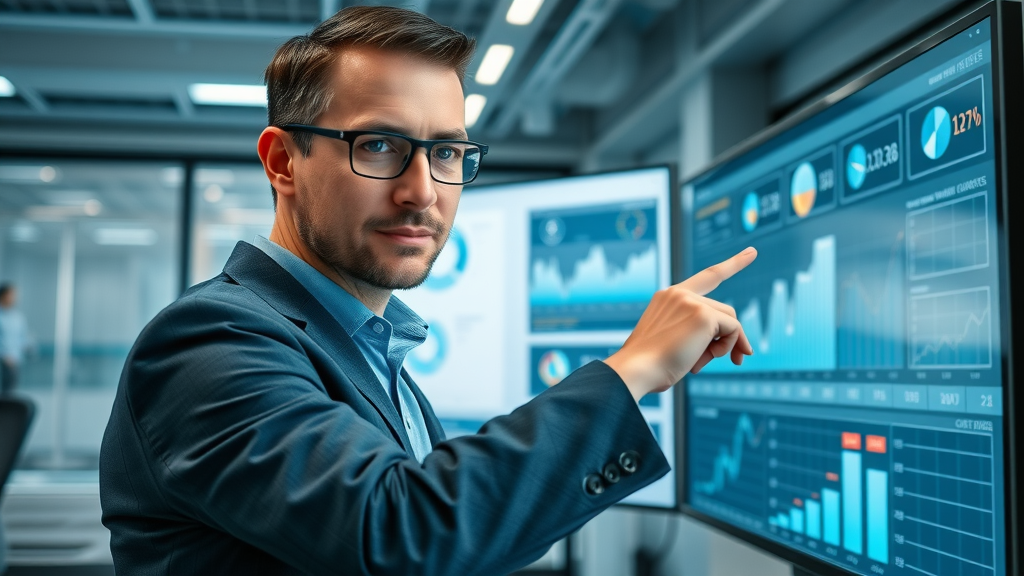video marketing strategist analyzing campaign data on high-tech dashboard