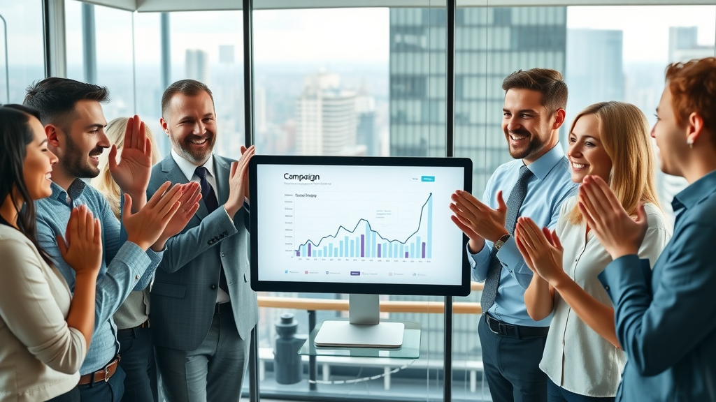 successful marketing team celebrating video marketing campaign growth