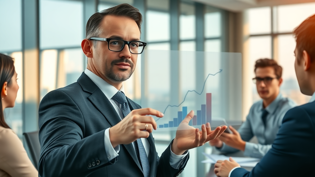 SEO optimization techniques business consultant presenting rising charts on display