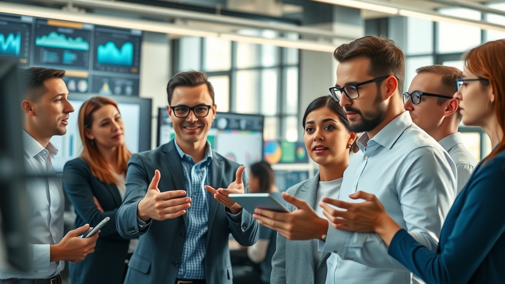 engagement metrics group analyzing digital data dashboards photorealistic modern office