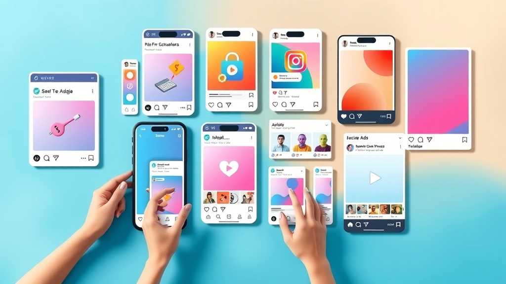 Media ad formats layout: carousels, video ads, stories, static image ads segregated by social media platform colors