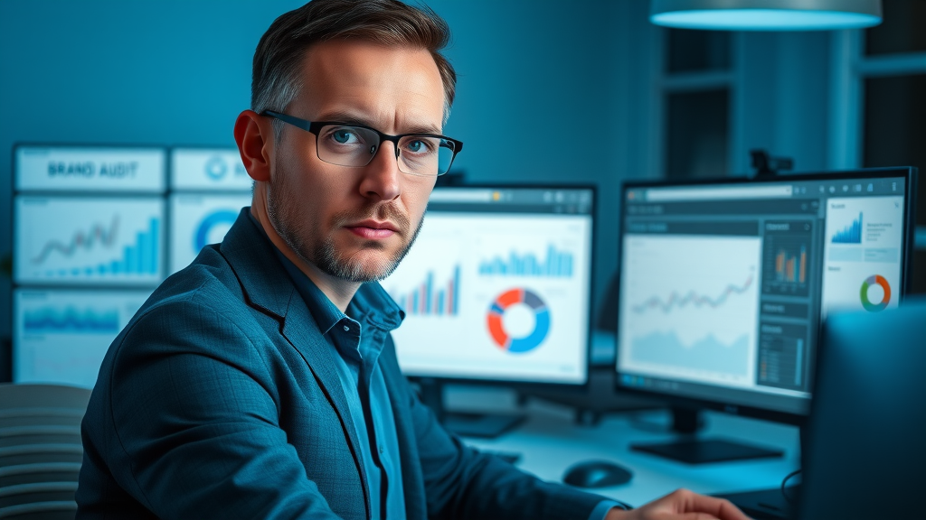 marketing analyst conducting brand audit with charts and analytics on dual monitors