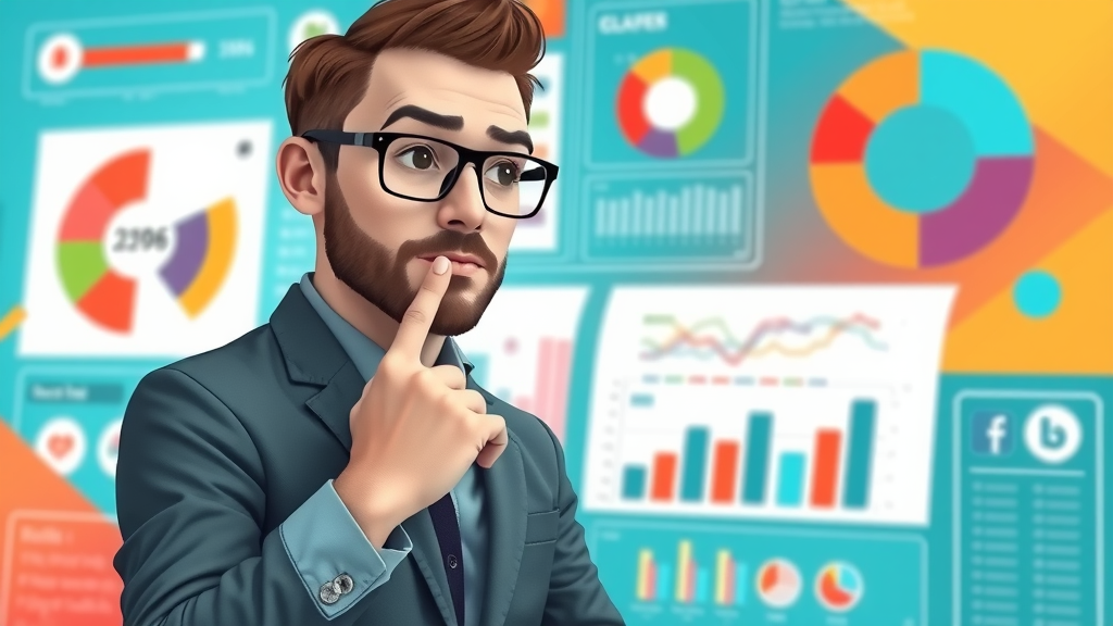 marketing manager analyzing audience demographics for engaging video content with colorful charts and social icons
