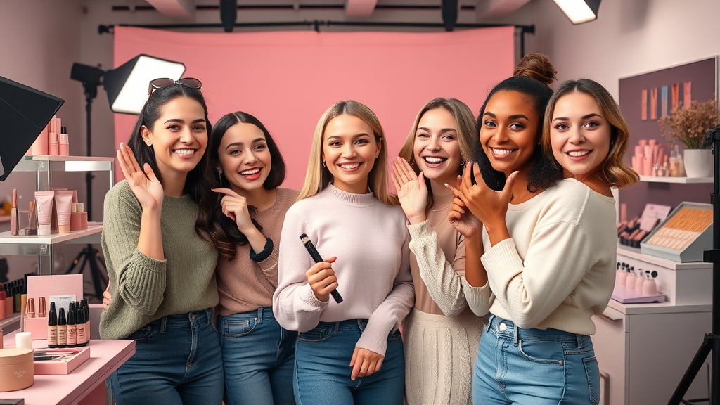 successful influencer marketing campaign beauty brand backstage with micro-influencers and beauty products, photorealistic