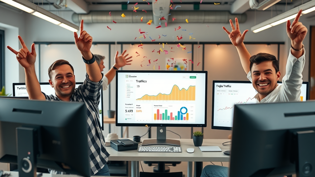 SaaS team celebrating organic traffic surge from effective link building strategy