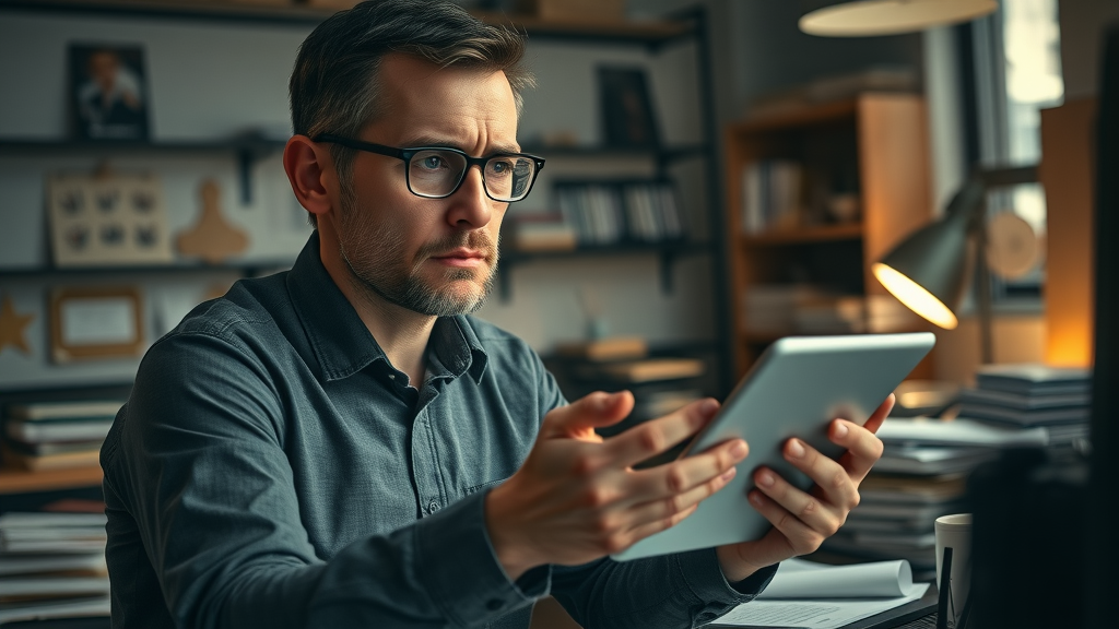 concerned marketer reviewing unsuccessful video marketing strategy on tablet
